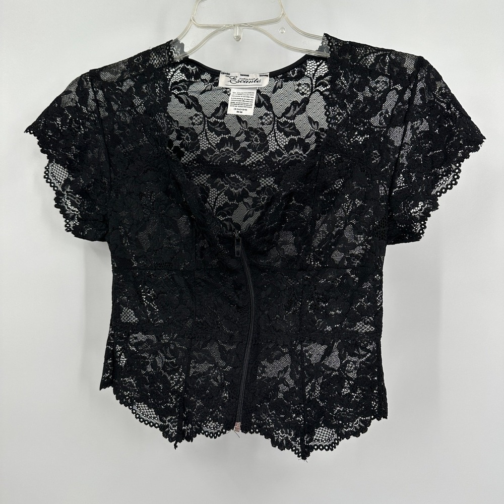 Womens Black Lace Y2K Whimsigoth Top Size M Sheer Night Out Goth Grunge Emo